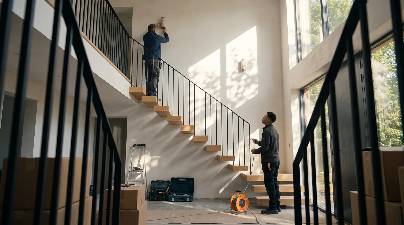 Un électricien pose une applique depuis l'escalier d'un hall à double hauteur, l'apprenti regarde d'en bas