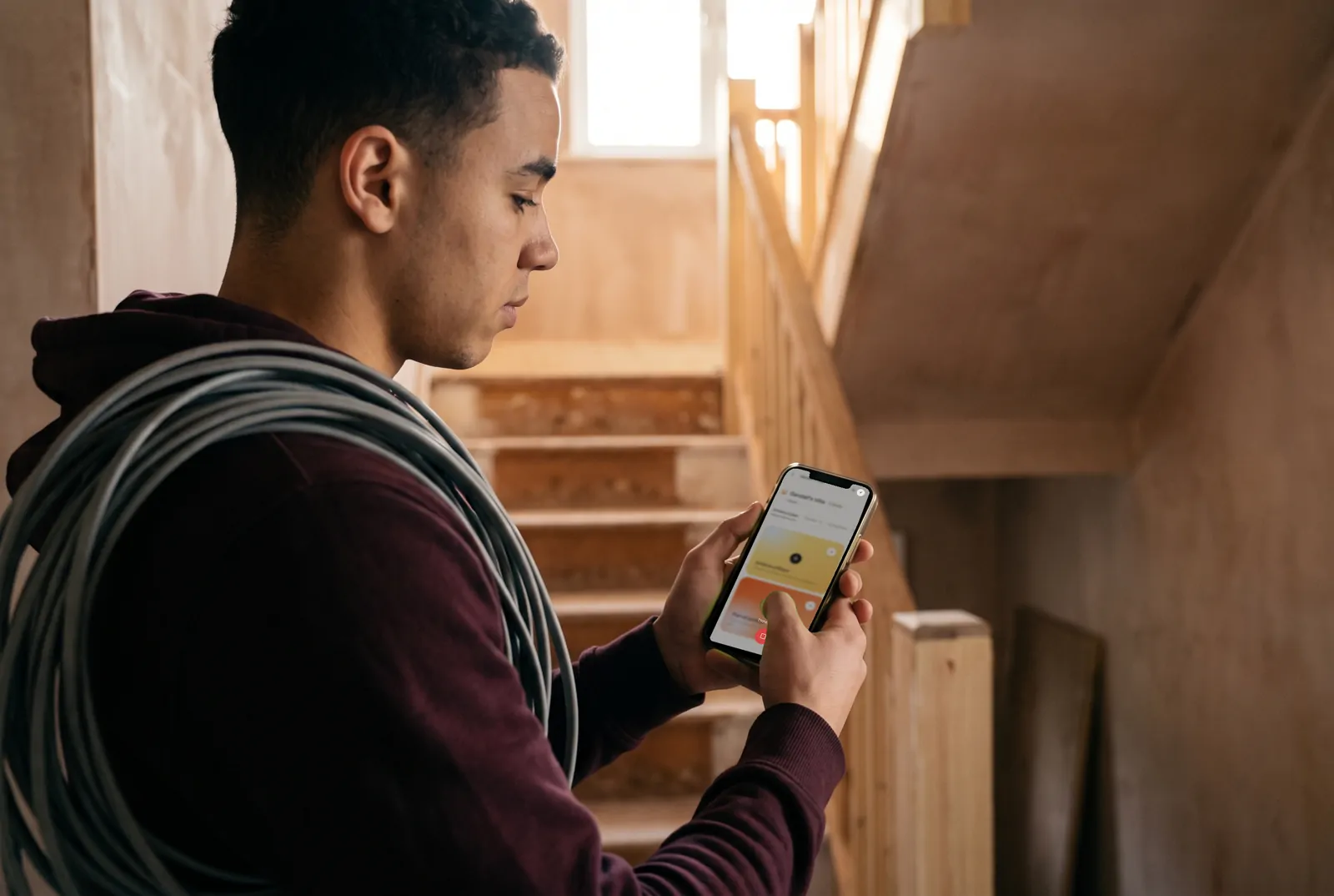 Un apprenti électricien consulte les tâches du chantier sur son téléphone