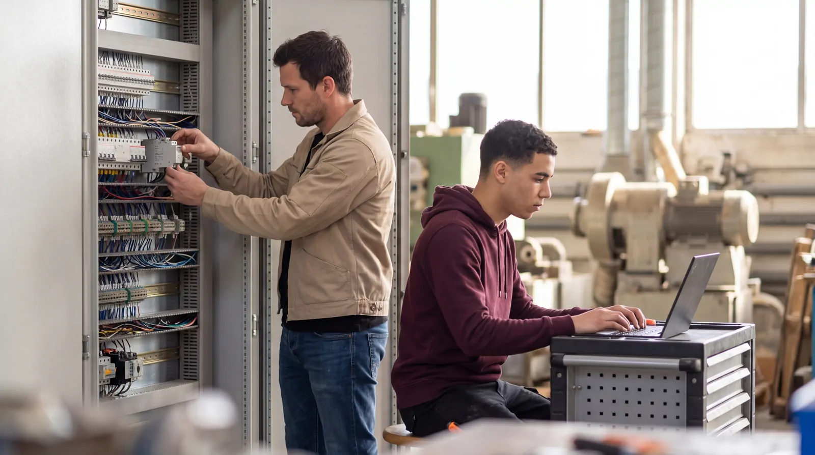 Dans un atelier, l'électricien monte un module dans une armoire pendant que l'apprenti travaille sur le portable