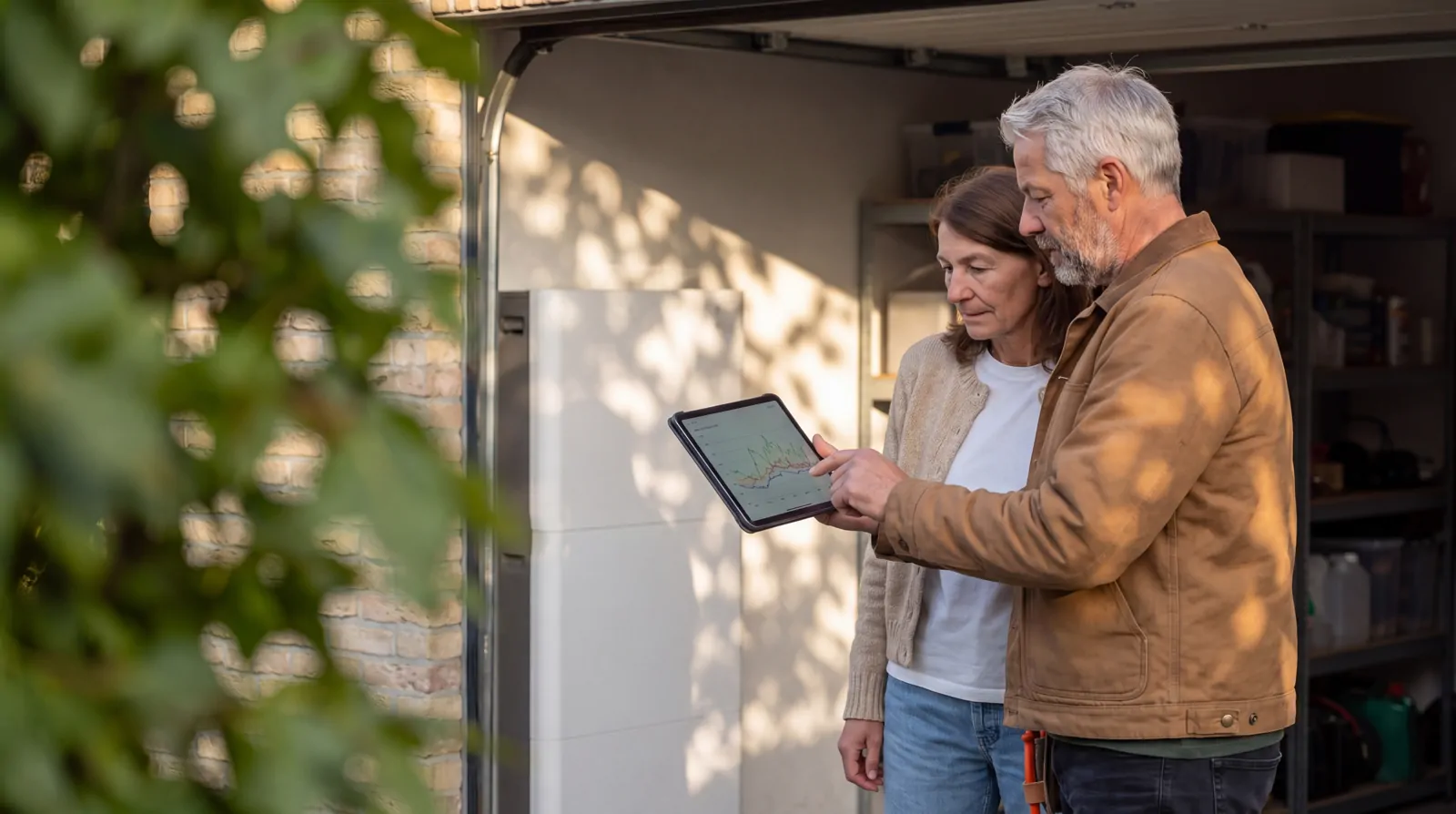 Aan de garagepoort toont de elektricien de klant de energiecurve van de thuisbatterij op de tablet