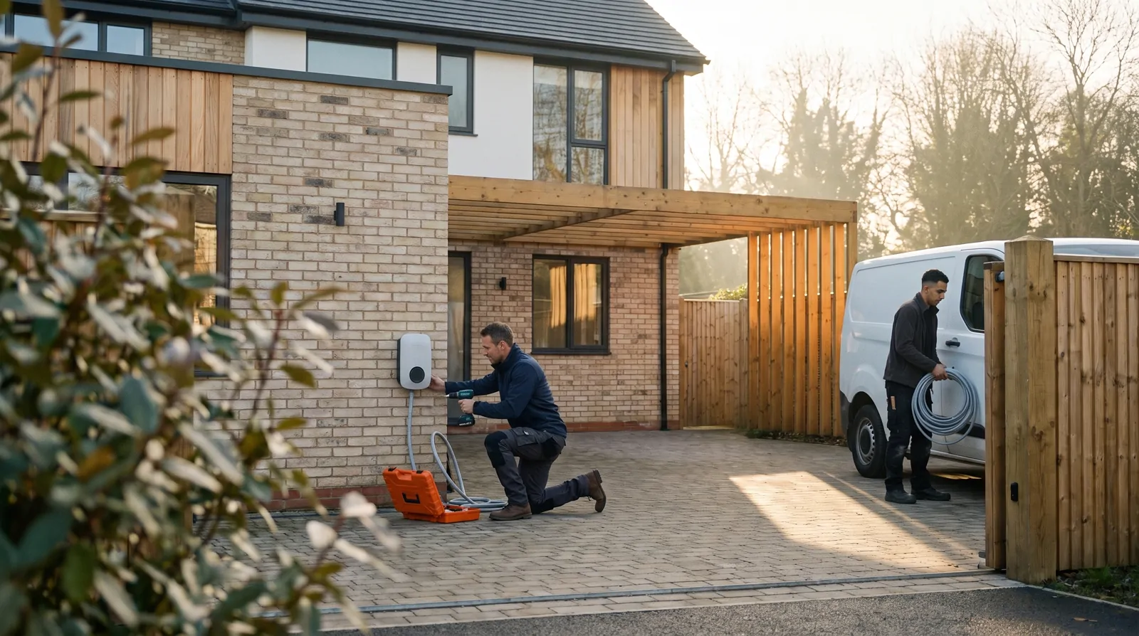 Un électricien installe une borne de recharge sur la façade d'une maison