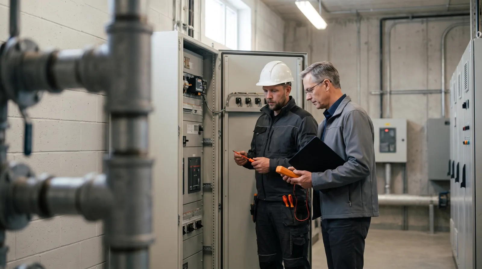 Le contrôleur de l'organisme agréé relève une mesure à l'armoire avec l'électricien