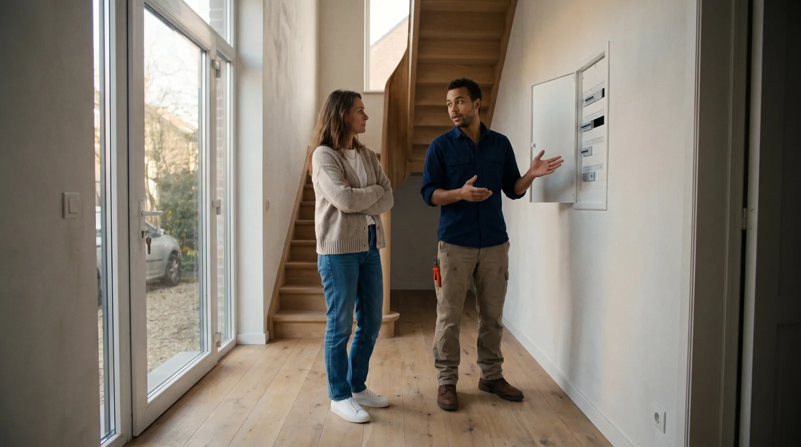 Un électricien explique le nouveau tableau électrique à une cliente