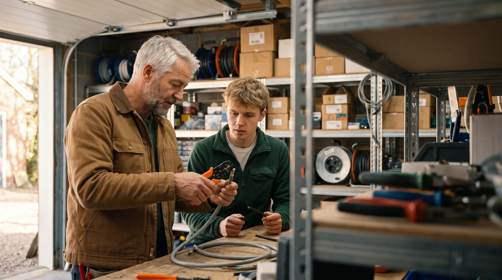 Een ervaren elektricien toont zijn leerling hoe hij een geleider afstript