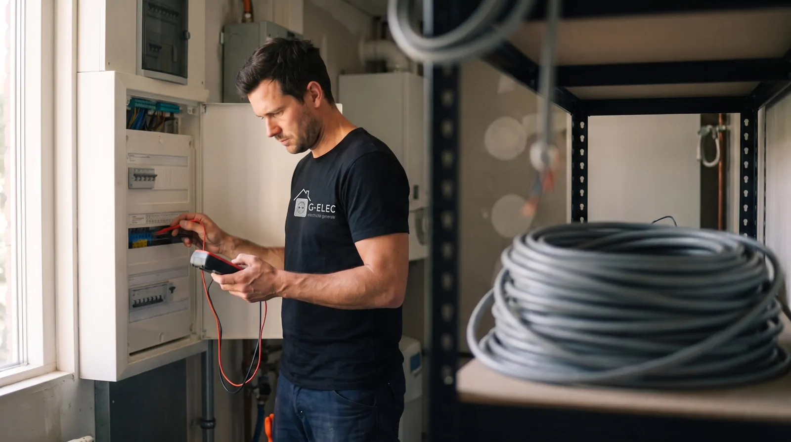 Un électricien mesure au multimètre sur un tableau électrique