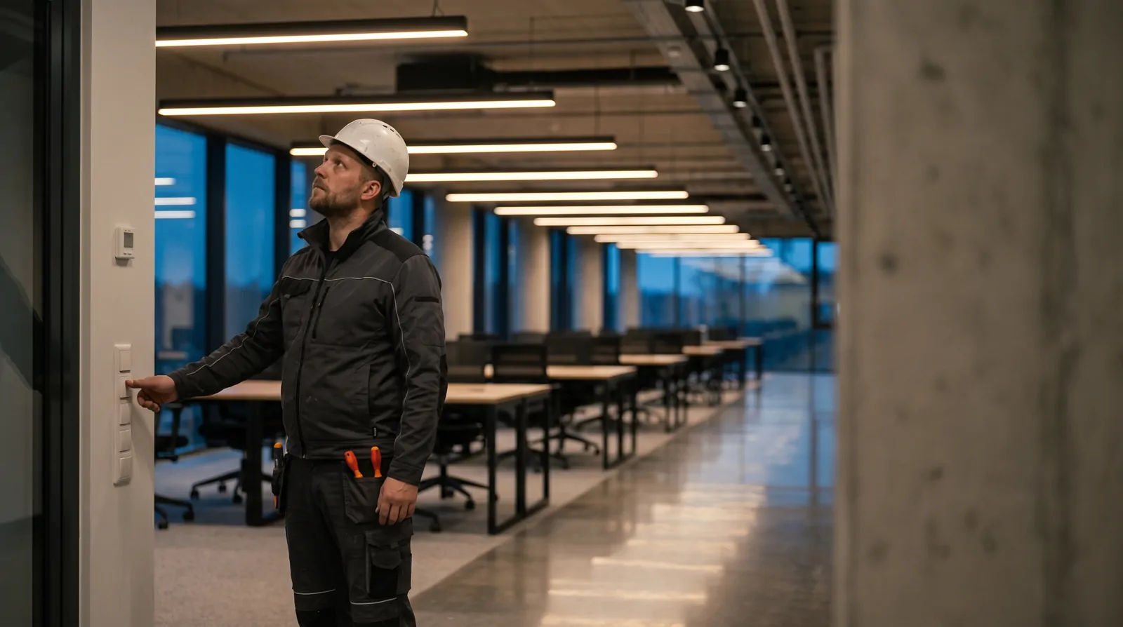 Un électricien allume l'éclairage d'un plateau de bureaux terminé