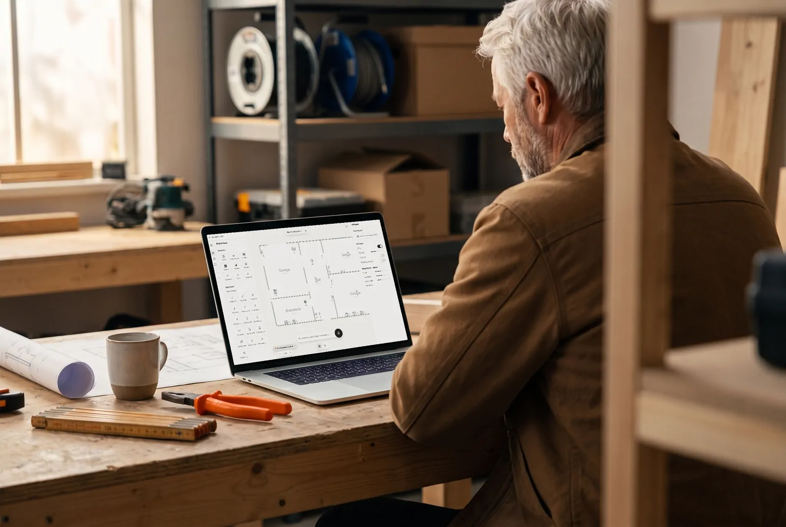 Un électricien termine le plan de position sur son ordinateur portable, à l'atelier