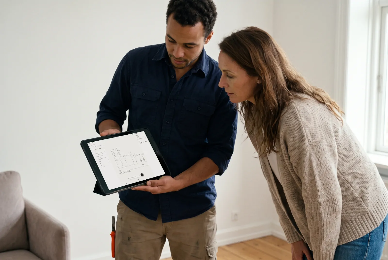Un électricien montre le schéma unifilaire à sa cliente sur une tablette