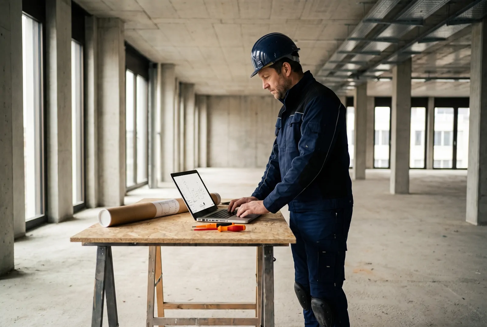 Un électricien vérifie le schéma unifilaire sur un portable, sur un chantier de bureaux