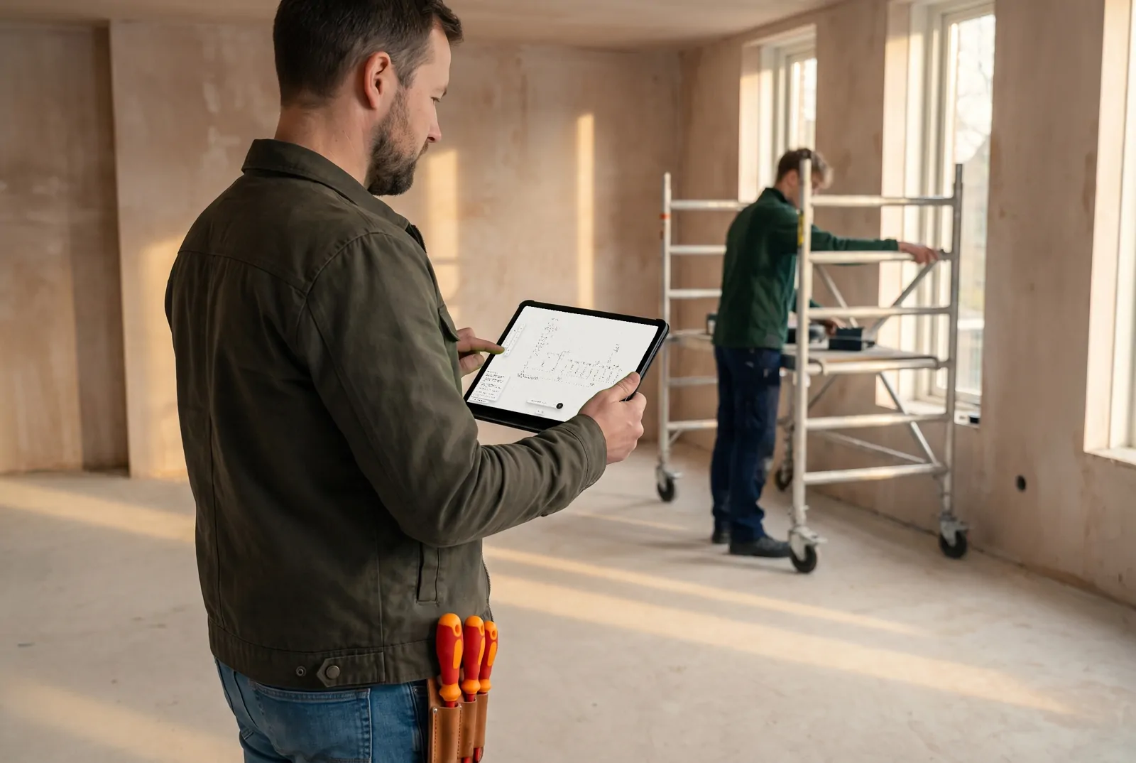 Un électricien saisit le schéma unifilaire sur sa tablette pendant le chantier