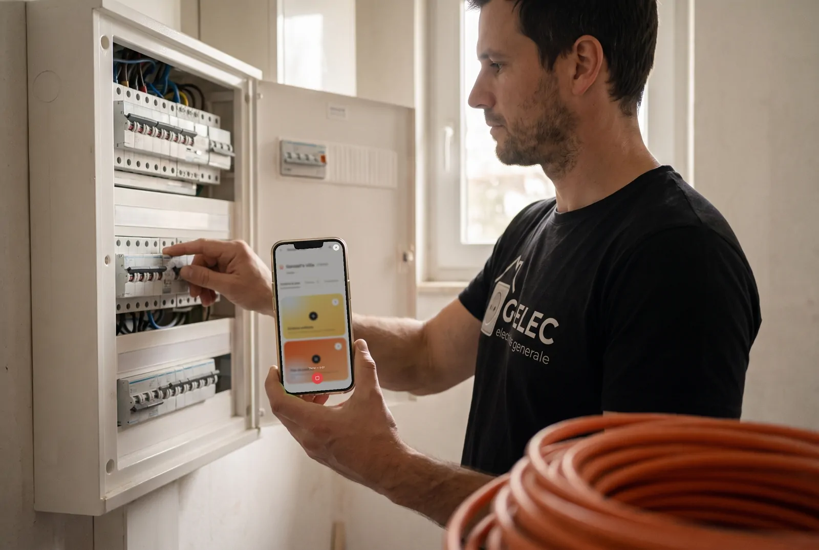 Devant le tableau, un électricien consulte les tâches du chantier sur son téléphone