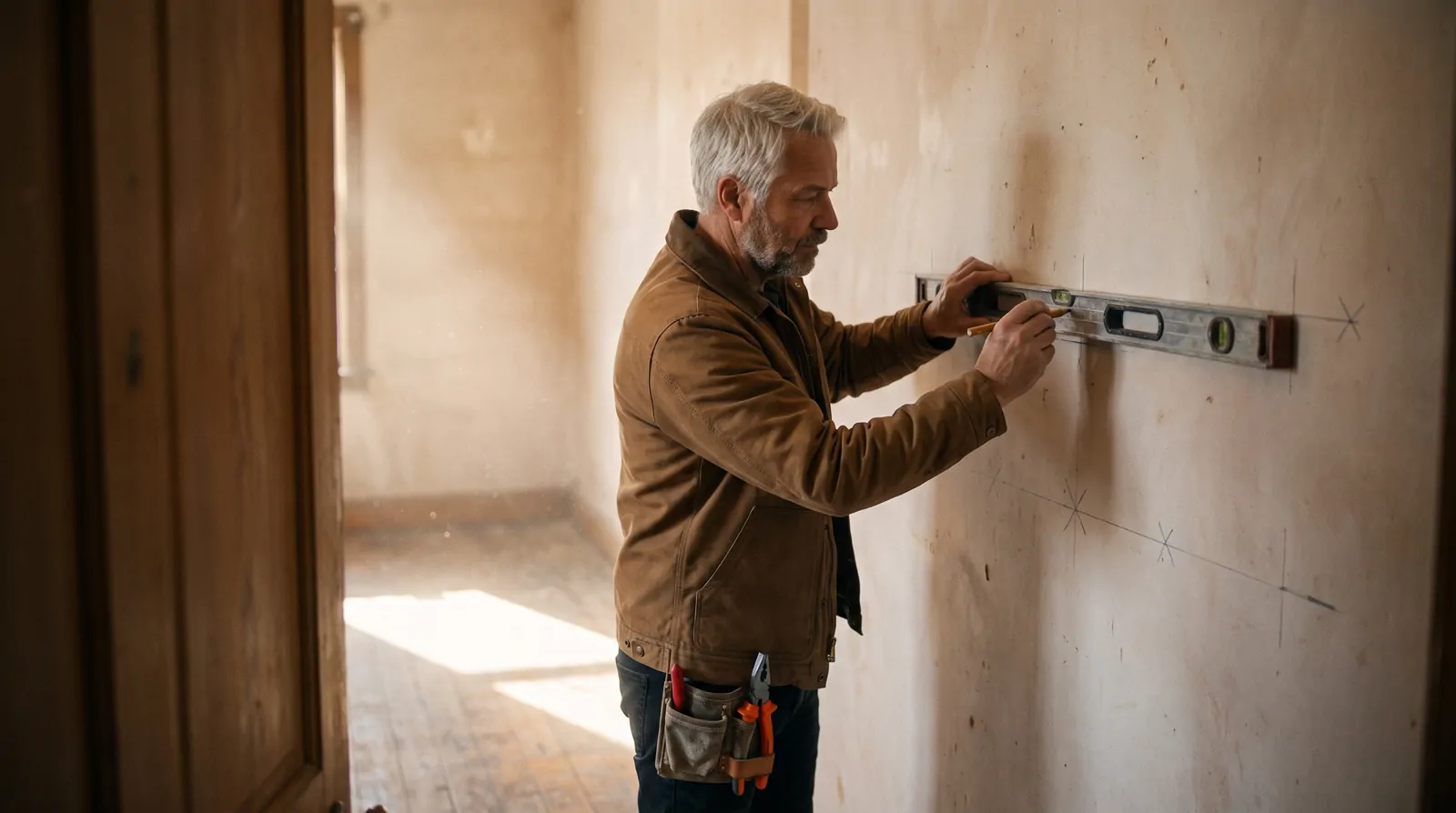 Un électricien trace au niveau l'emplacement des prises sur un mur en plâtre