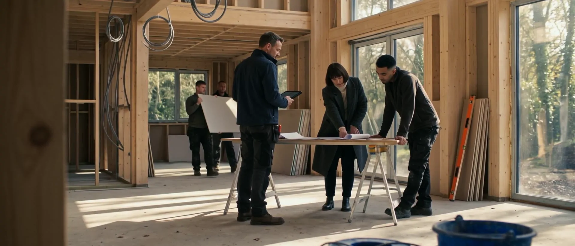 Deux électriciens et une architecte relisent un plan sur une table à tréteaux, dans une maison à ossature bois en construction