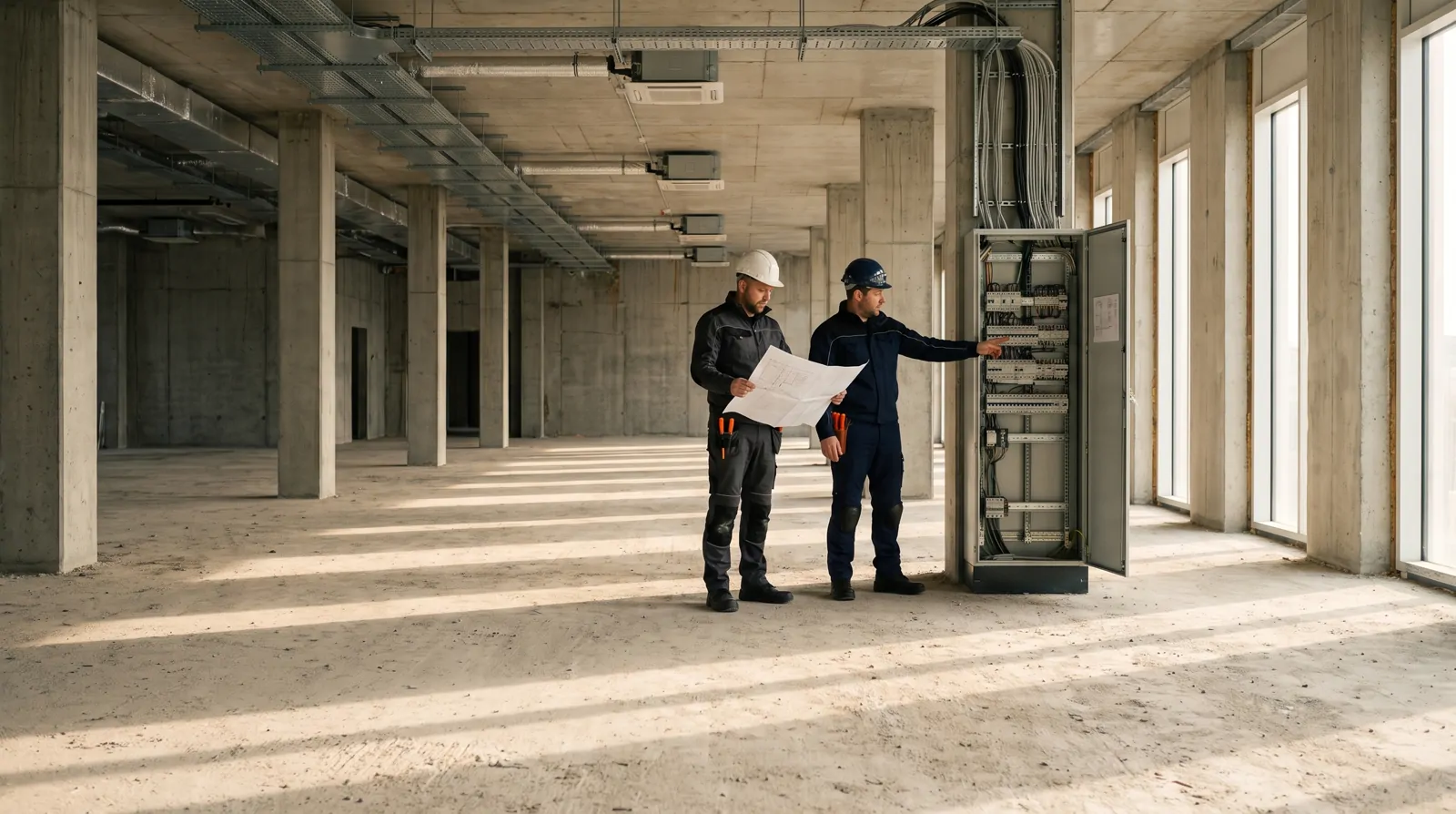 Deux électriciens consultent un plan devant une armoire électrique sur un chantier de bureaux