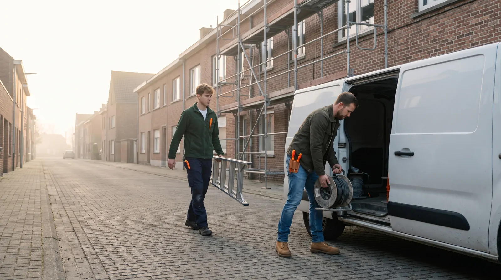 Un électricien et son apprenti déchargent la camionnette devant une maison en rénovation