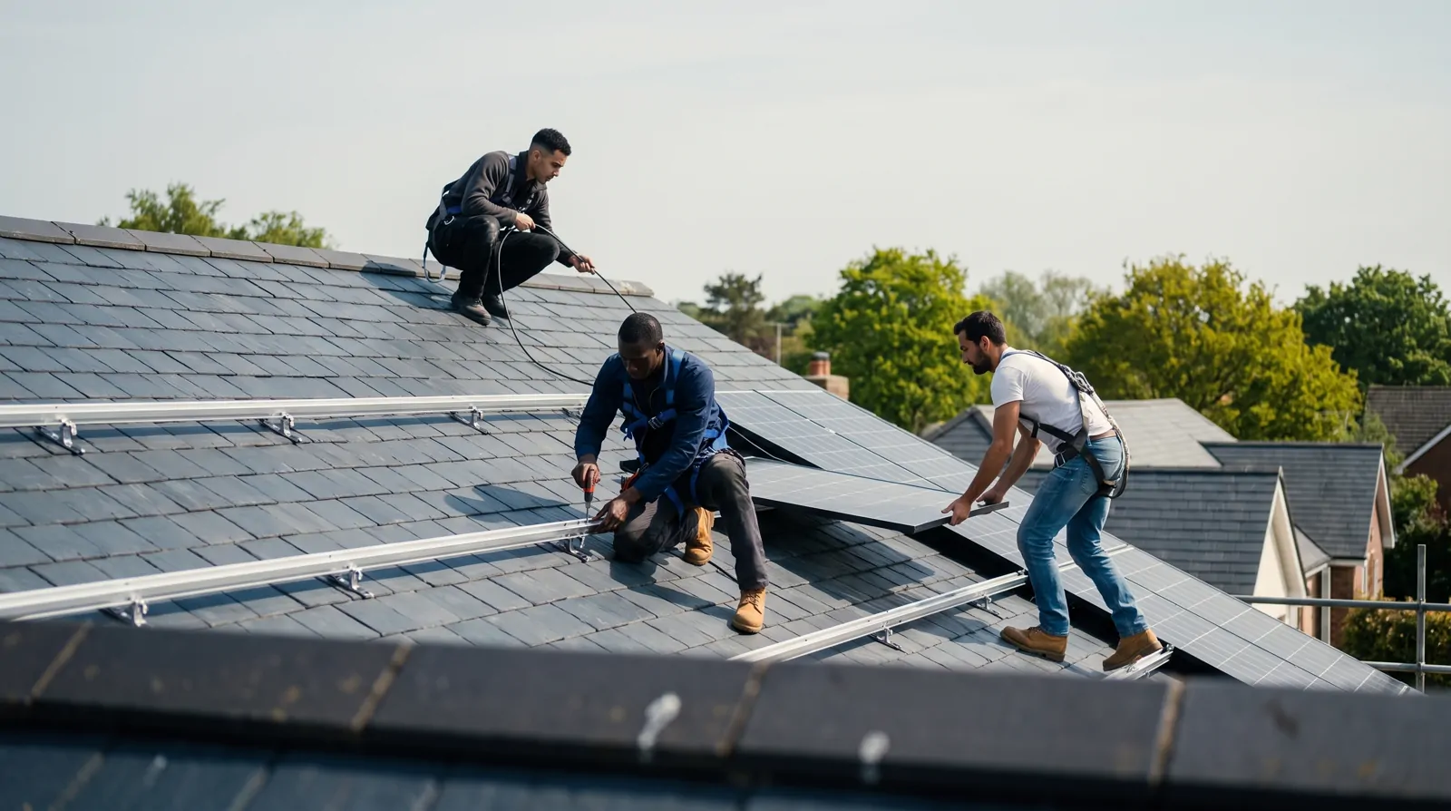 Trois électriciens posent les rails et un panneau photovoltaïque sur un toit en ardoise