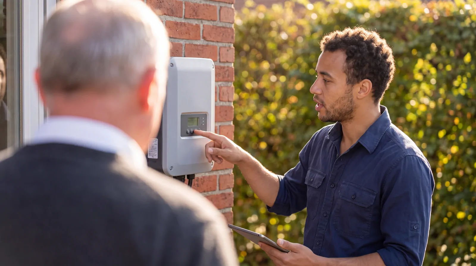 Over de schouder van de klant toont de elektricien de nieuwe omvormer op de bakstenen gevel, tablet in de hand