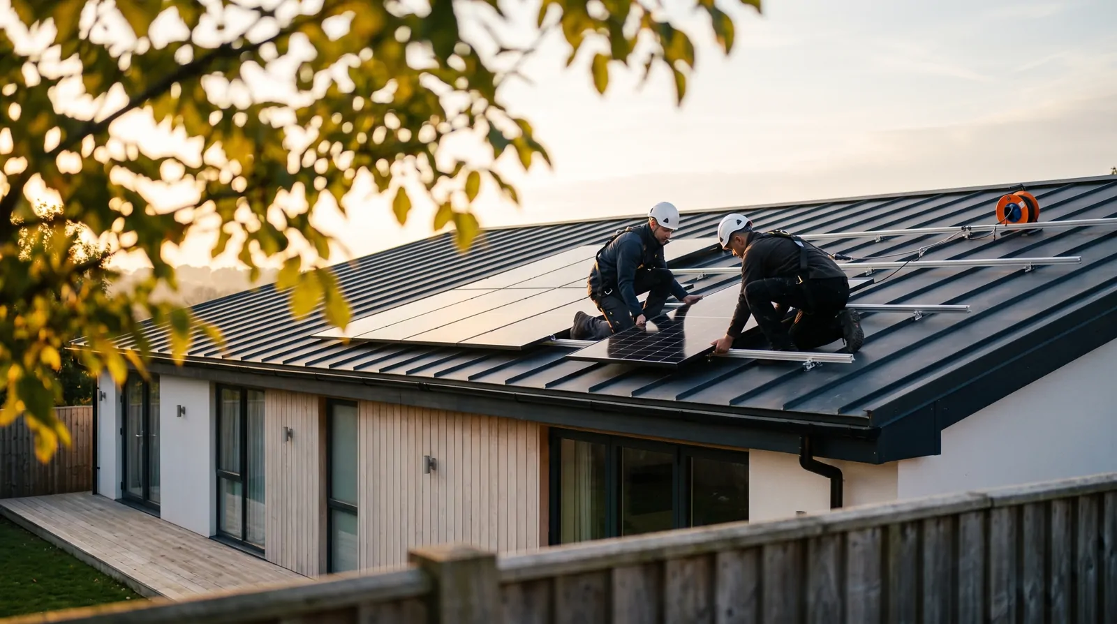 Deux électriciens posent des panneaux photovoltaïques sur une toiture