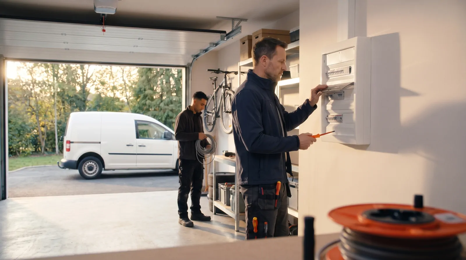 Un électricien travaille sur un tableau électrique dans un garage