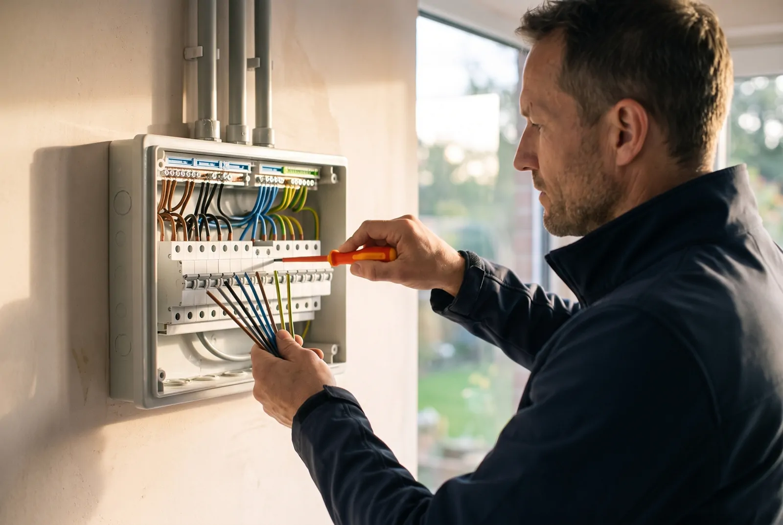 Close-up van een open verdeelbord: een bundel geleiders in de ene hand, de schroevendraaier op de automaten