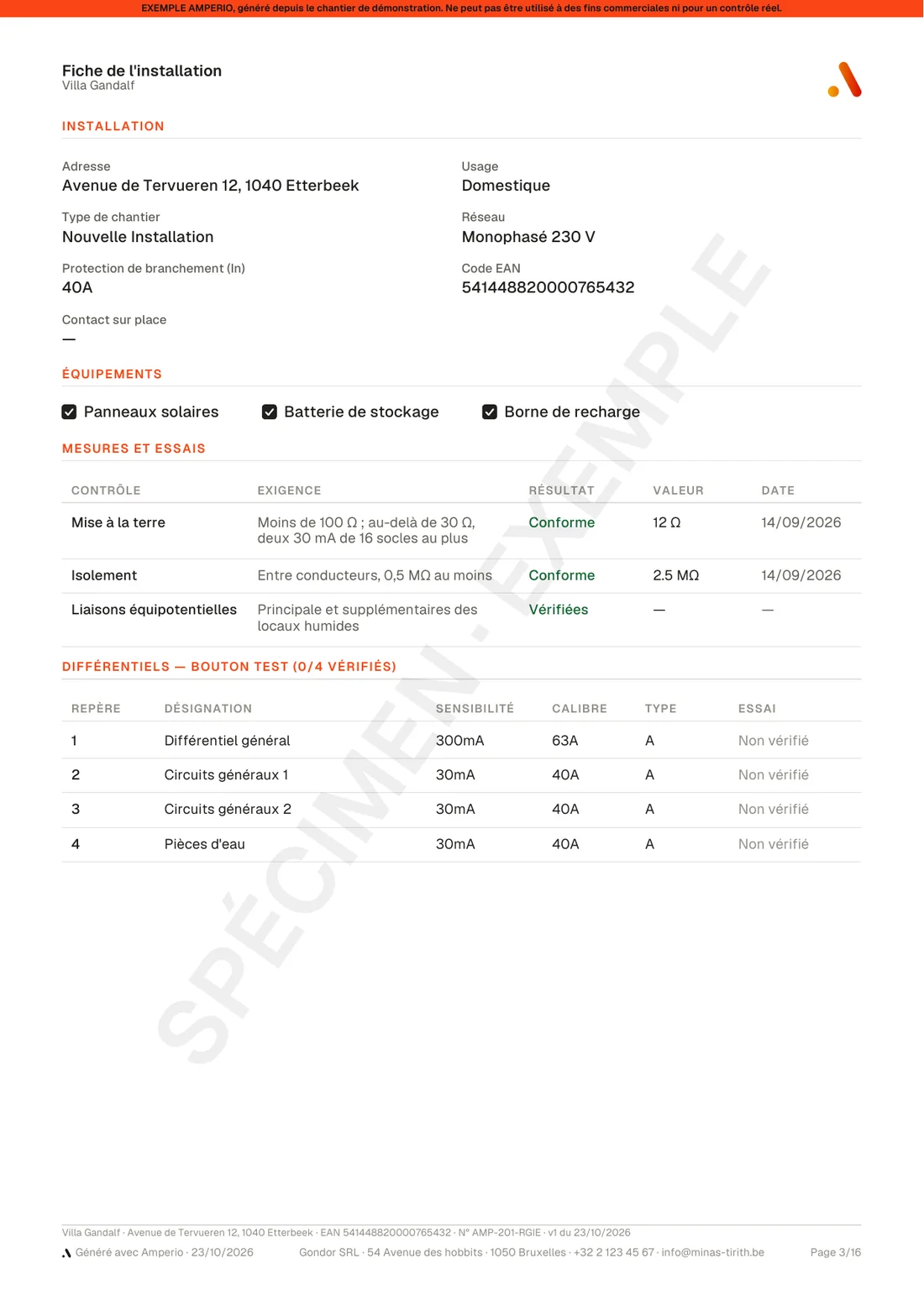 Fiche de l'installation : adresse, usage, réseau, équipements, mesures et essais, différentiels