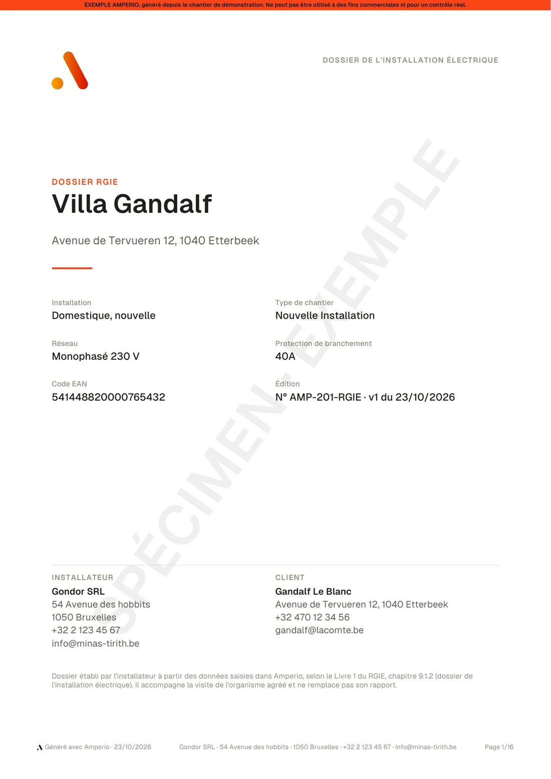 Page de garde du dossier RGIE de la Villa Gandalf : installation, réseau, code EAN, N° AMP-201-RGIE v1, installateur et client