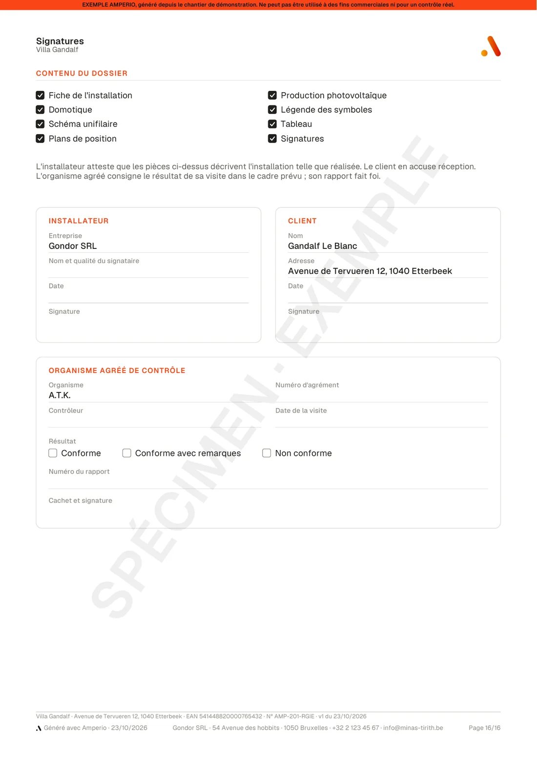 Page Signatures : contenu du dossier, installateur, client et organisme agréé