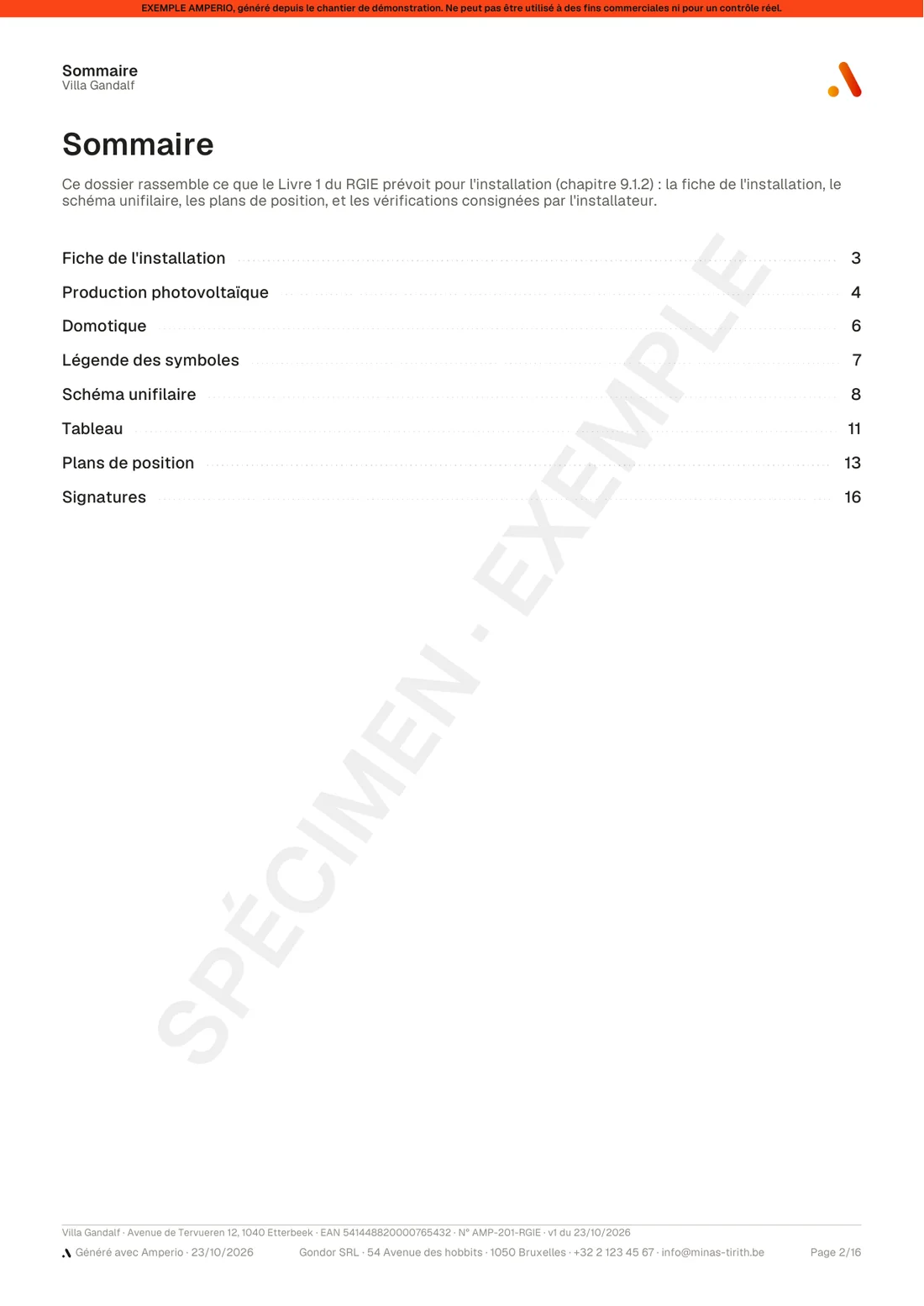 Sommaire du dossier, avec le numéro de page de chaque section