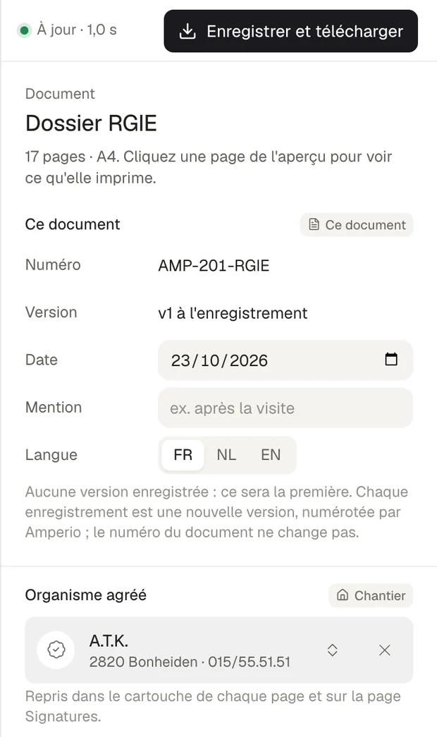 Le panneau du document dans le studio d'export : numéro AMP-201-RGIE, version, date, mention, langue, organisme agréé