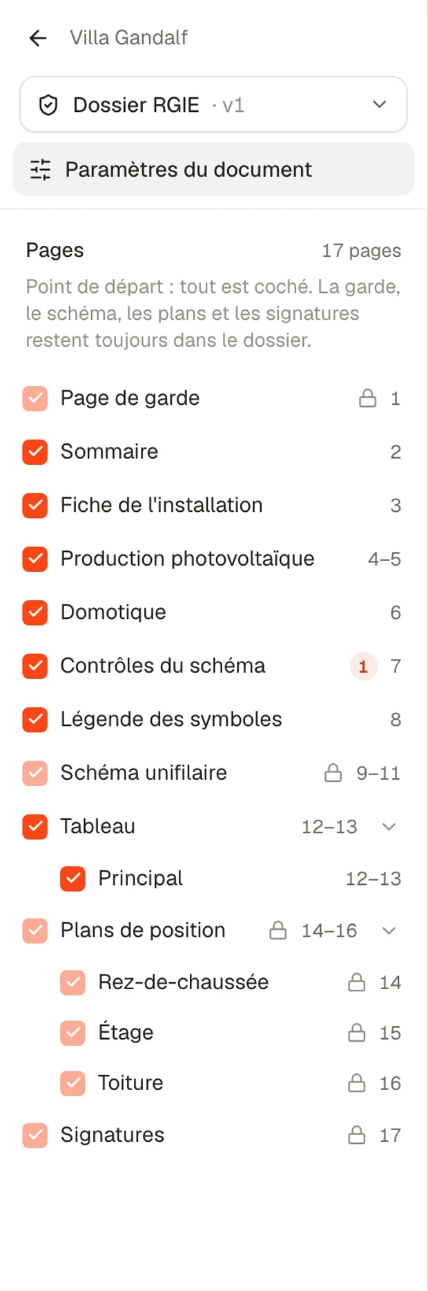 La liste des pages du studio d'export : page de garde, sommaire, fiche de l'installation, photovoltaïque, domotique, contrôles, légende, schéma, tableau, plans, signatures