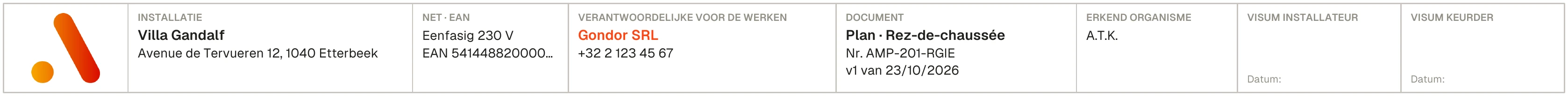 De titelhoek van een plan uit het dossier: installatie Villa Gandalf, net en EAN-code, verantwoordelijke Gondor SRL, document Plan · Rez-de-chaussée nr. AMP-201-RGIE v1 van 23/10/2026, erkend organisme A.T.K., visum installateur en keurder