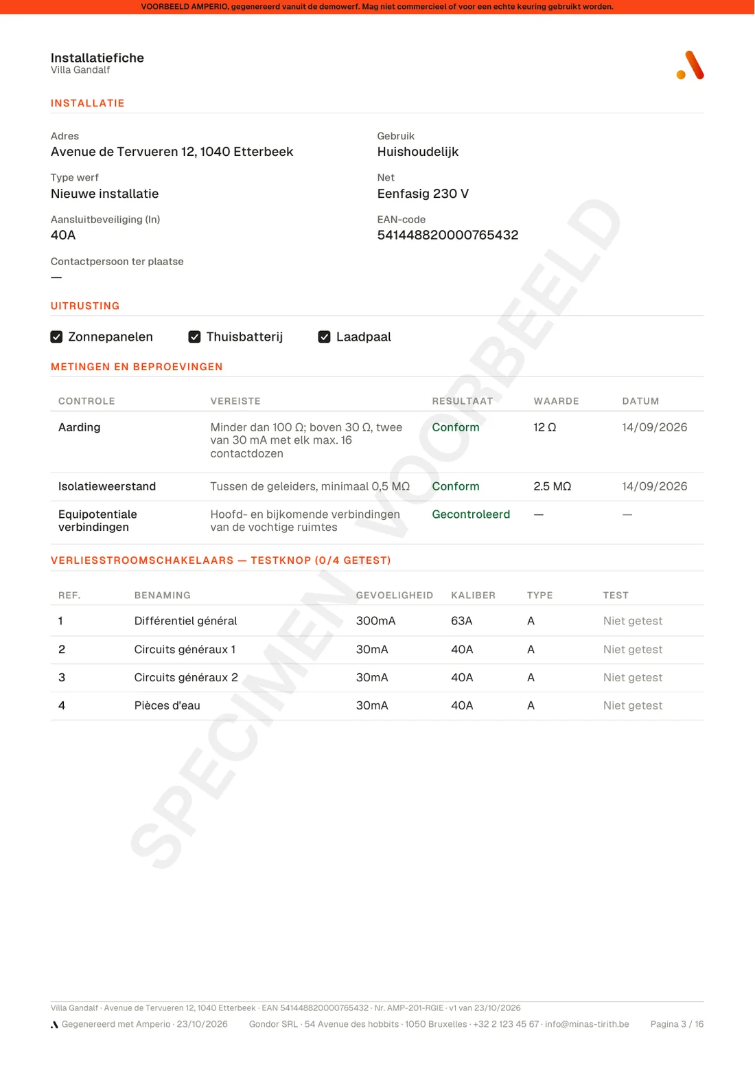 Installatiefiche: adres, gebruik, net, uitrusting, metingen en proeven, verliesstroomschakelaars