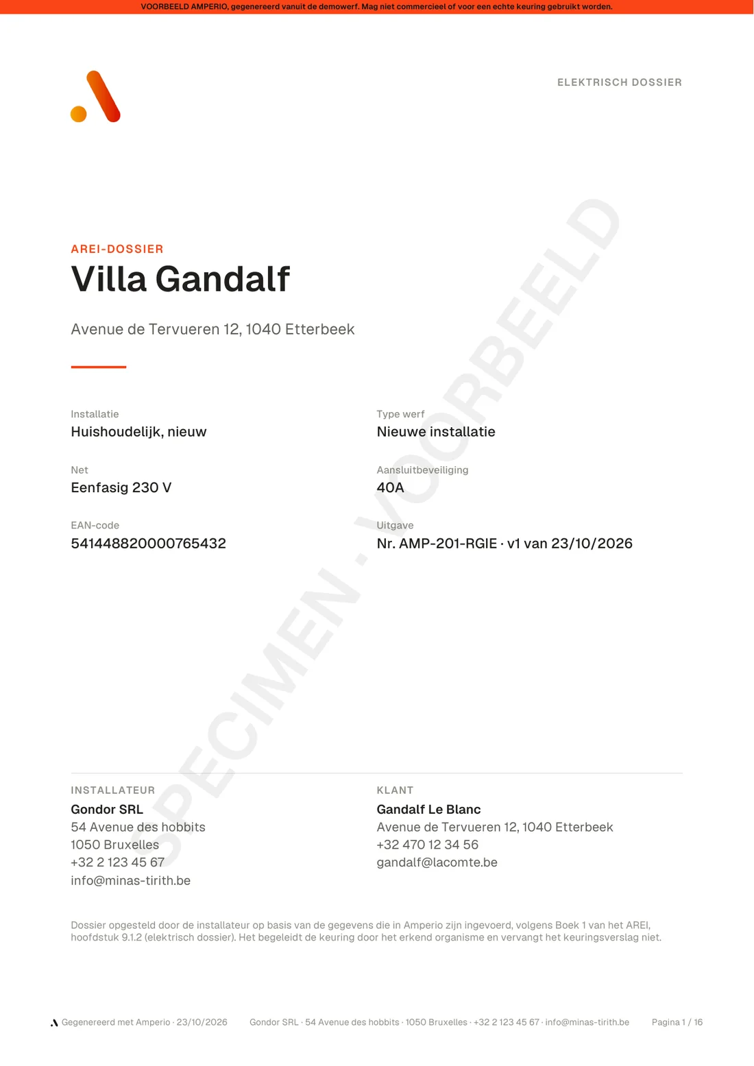 Titelblad van het AREI-dossier van Villa Gandalf: installatie, net, EAN-code, nr. AMP-201-RGIE v1, installateur en klant