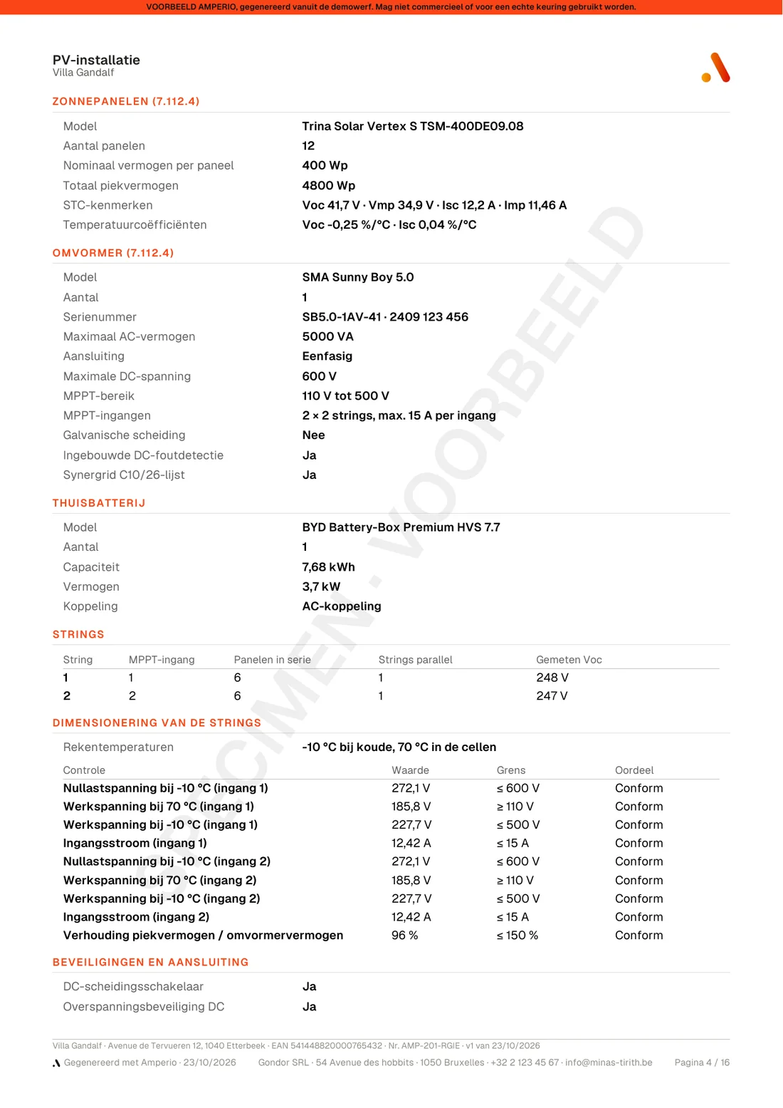 Pagina PV-installatie: panelen, omvormer, batterij, strings en hun dimensionering