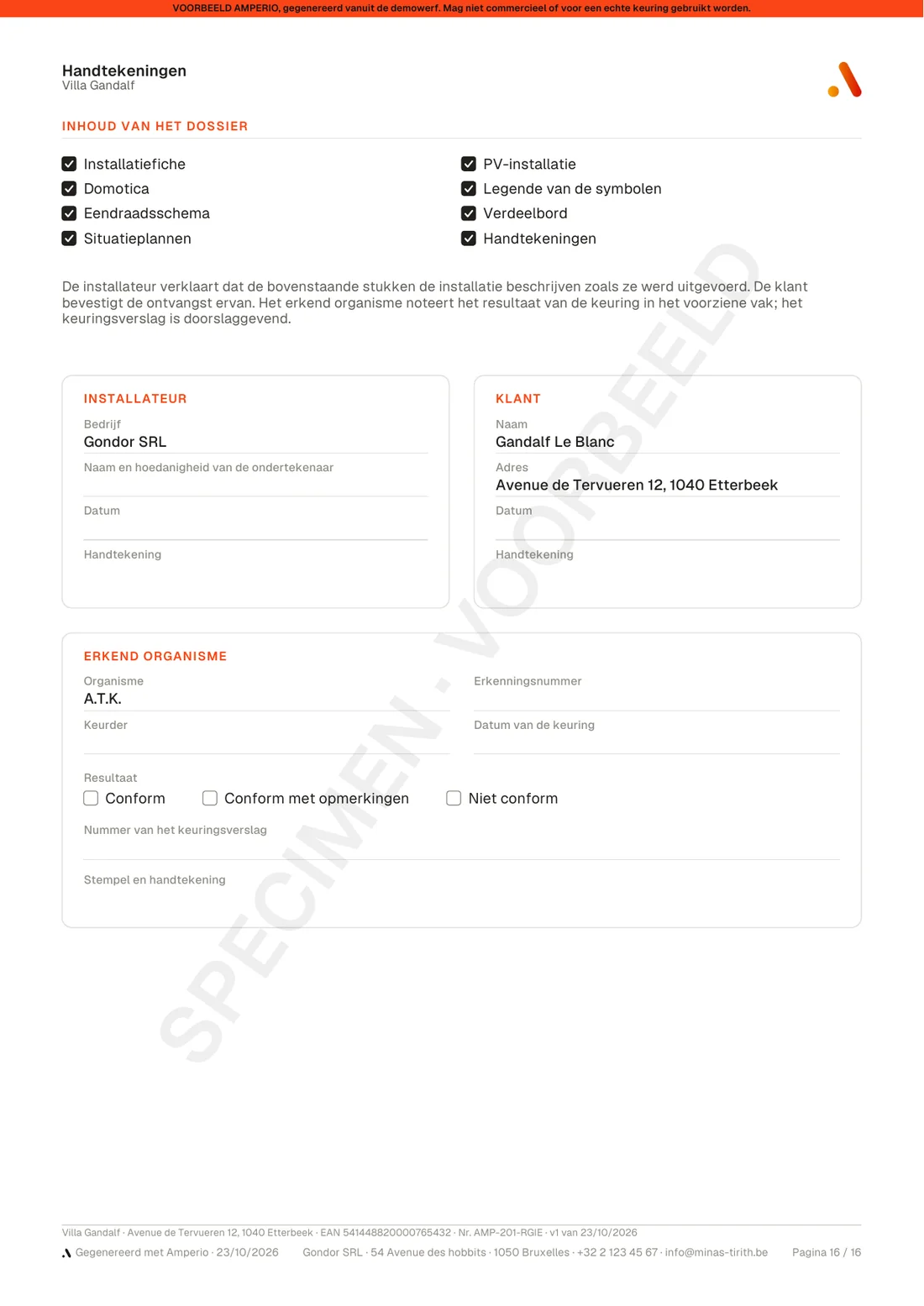 Pagina Handtekeningen: inhoud van het dossier, installateur, klant en erkend organisme