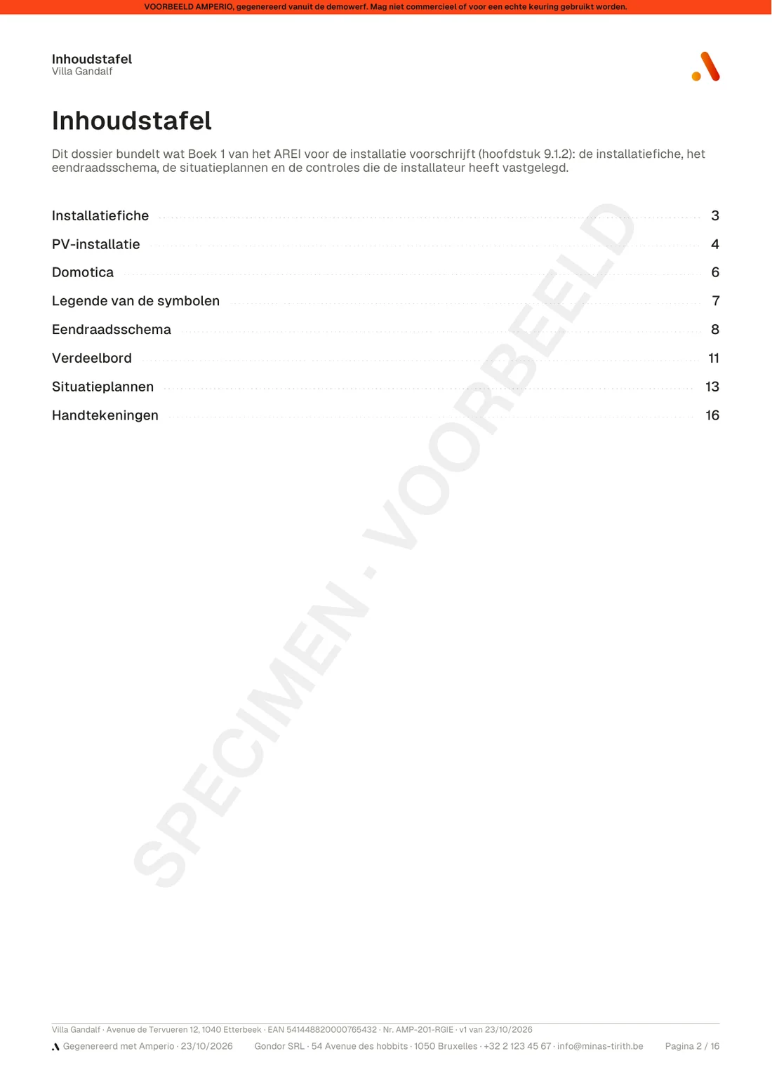 Inhoudstafel van het dossier, met het paginanummer van elke sectie