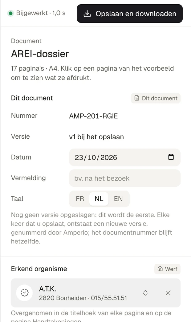 Het documentpaneel van de exportstudio: nummer AMP-201-RGIE, versie, datum, vermelding, taal, erkend organisme