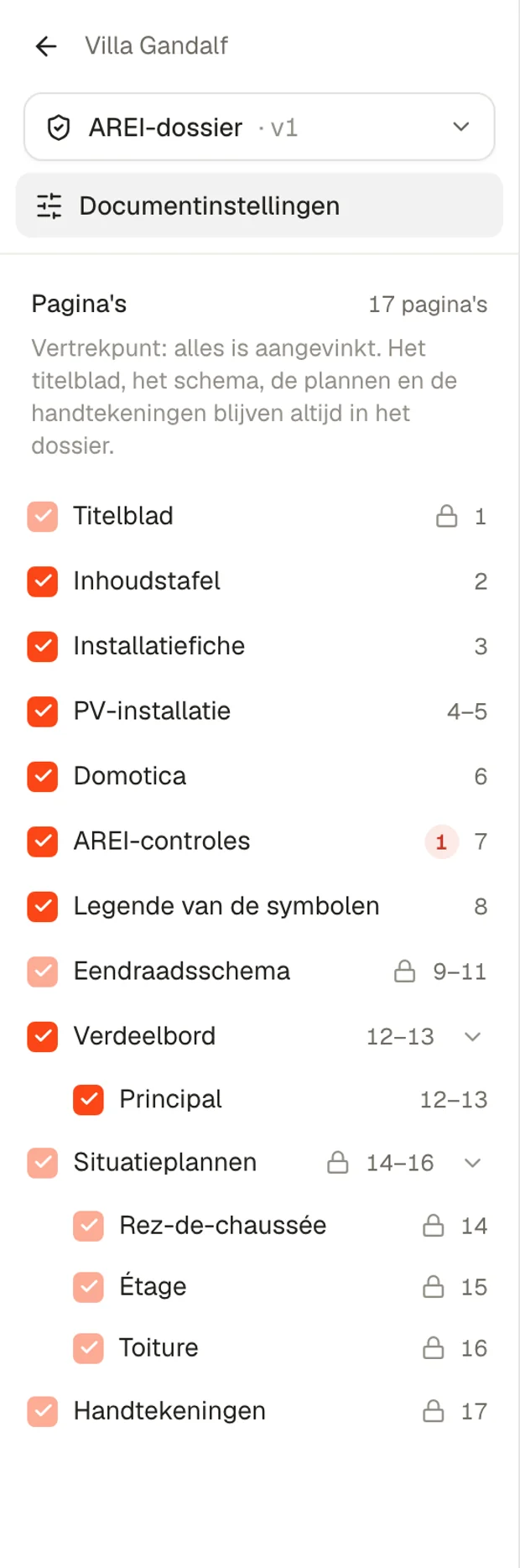 De lijst van pagina's in de exportstudio: titelblad, inhoudstafel, installatiefiche, PV-installatie, domotica, controles, legende, schema, verdeelbord, plannen, handtekeningen